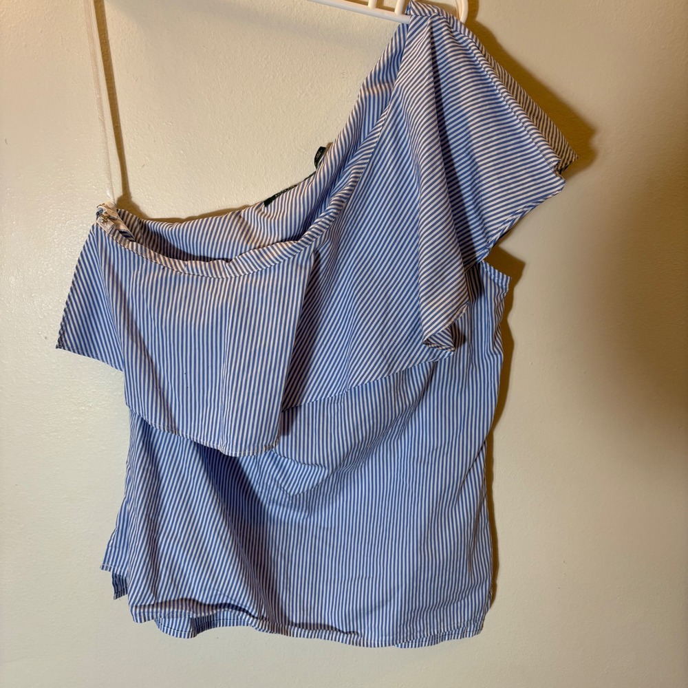 Lauren Ralph Lauren Striped Sleeveless Asymmetrical Blouse Ruffle Accent Size 10